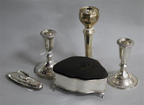 An Edwardian silver ring casket/pin cushion, Birmingham 1908, makers CS & FS and three other items,